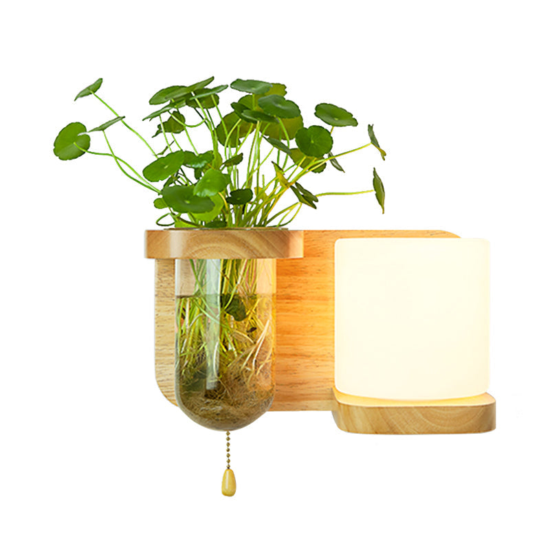 Lisslune | Wood Globe/Cylinder Wall Sconce Nordic Cream Glass 1 Light Bedroom Wall Lamp with Plant Pot and Pull Chain