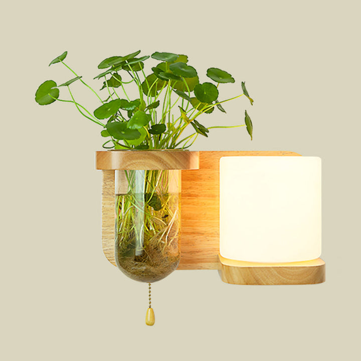 Lisslune | Wood Globe/Cylinder Wall Sconce Nordic Cream Glass 1 Light Bedroom Wall Lamp with Plant Pot and Pull Chain
