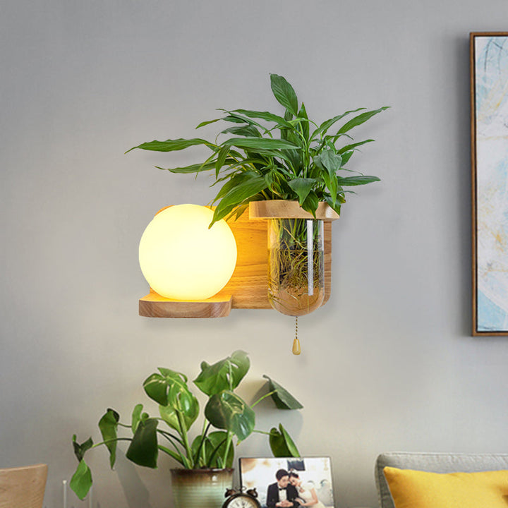 Lisslune | Wood Globe/Cylinder Wall Sconce Nordic Cream Glass 1 Light Bedroom Wall Lamp with Plant Pot and Pull Chain