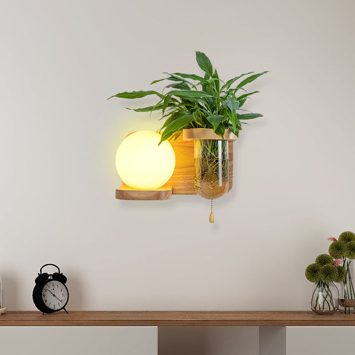 Lisslune | Wood Globe/Cylinder Wall Sconce Nordic Cream Glass 1 Light Bedroom Wall Lamp with Plant Pot and Pull Chain
