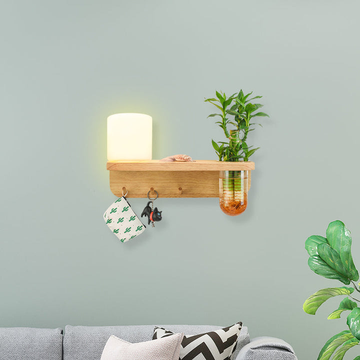 Lisslune | Frosted Glass Wood Wall Light Cylindrical 1-Bulb Industrial Wall Sconce Lamp with Plant Container