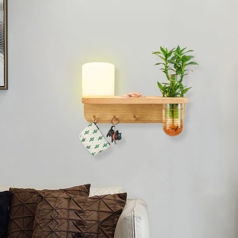 Lisslune | Frosted Glass Wood Wall Light Cylindrical 1-Bulb Industrial Wall Sconce Lamp with Plant Container
