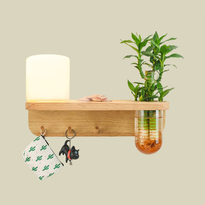 Lisslune | Frosted Glass Wood Wall Light Cylindrical 1-Bulb Industrial Wall Sconce Lamp with Plant Container