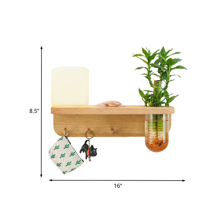 Lisslune | Frosted Glass Wood Wall Light Cylindrical 1-Bulb Industrial Wall Sconce Lamp with Plant Container