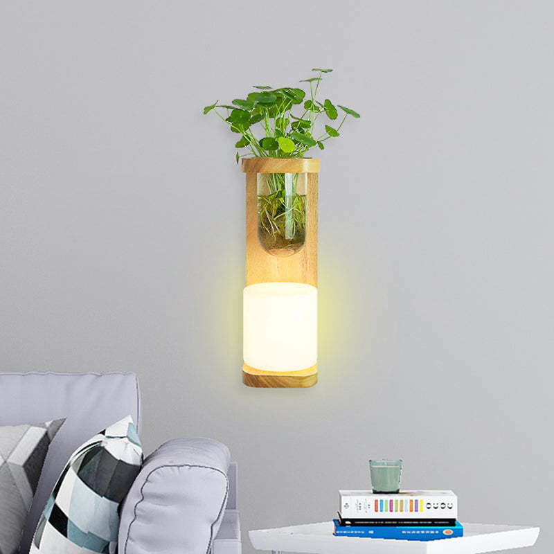 Lisslune | Nordic Cylinder Wall Lamp 1-Head Opal Glass Wall Lighting in Wood with Clear Glass Plant Cup