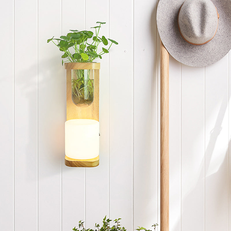 Lisslune | Nordic Cylinder Wall Lamp 1-Head Opal Glass Wall Lighting in Wood with Clear Glass Plant Cup