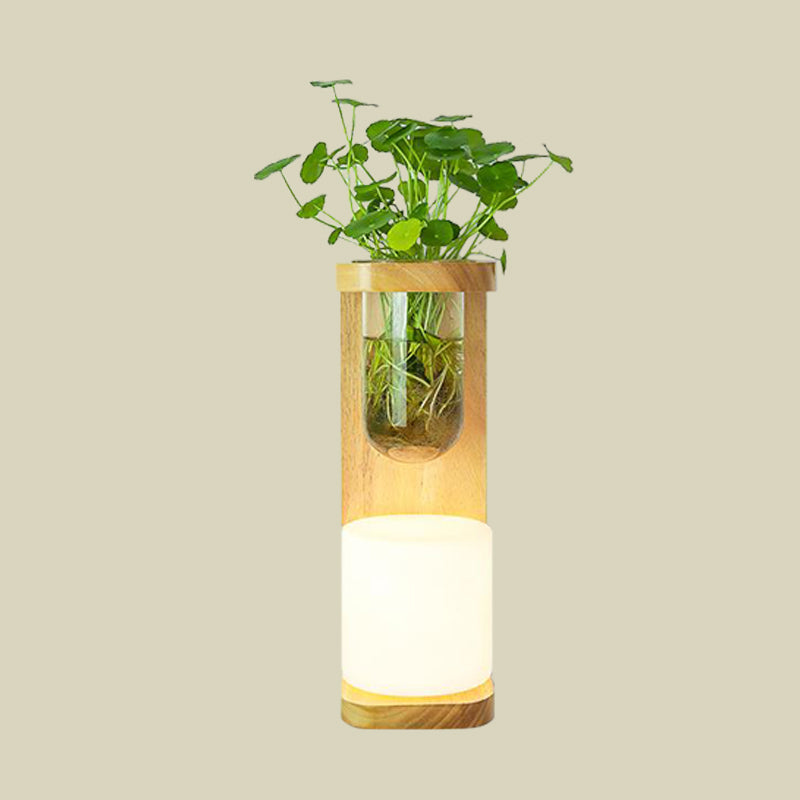 Lisslune | Nordic Cylinder Wall Lamp 1-Head Opal Glass Wall Lighting in Wood with Clear Glass Plant Cup