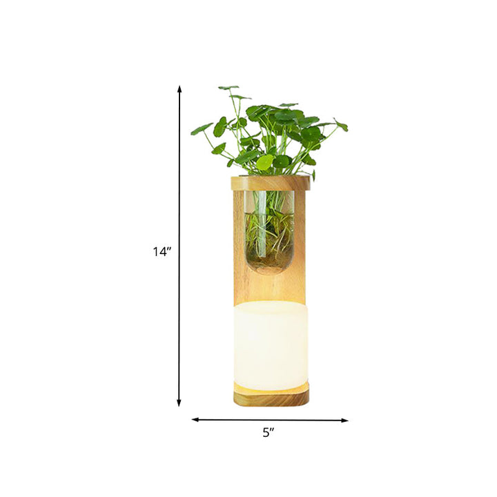 Lisslune | Nordic Cylinder Wall Lamp 1-Head Opal Glass Wall Lighting in Wood with Clear Glass Plant Cup