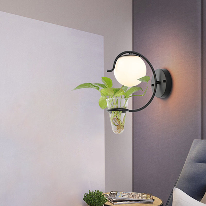 Lisslune | Cream/Smoke Gray Glass Orb Wall Lamp Vintage 1-Light Bedroom Wall Lamp in Black/Gold with C-Shaped Arm and Plant Pot