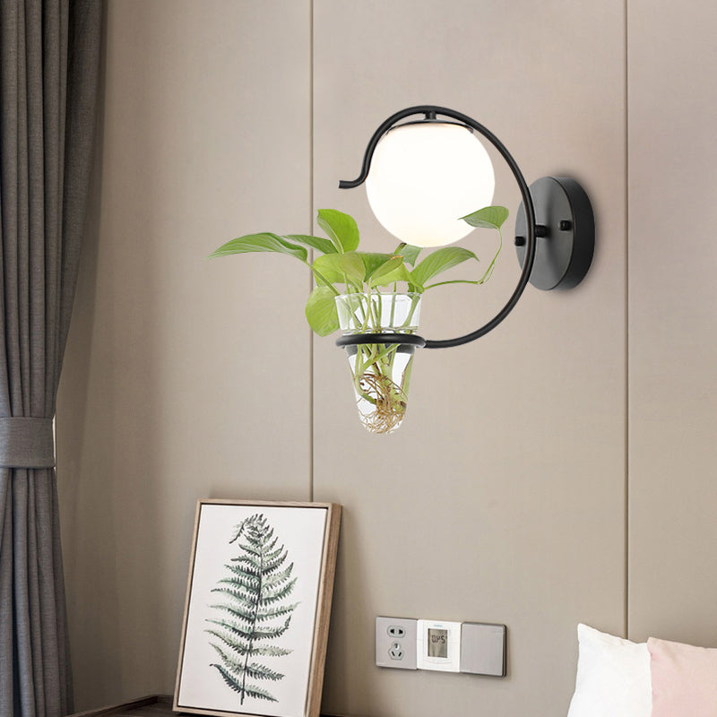 Lisslune | Cream/Smoke Gray Glass Orb Wall Lamp Vintage 1-Light Bedroom Wall Lamp in Black/Gold with C-Shaped Arm and Plant Pot
