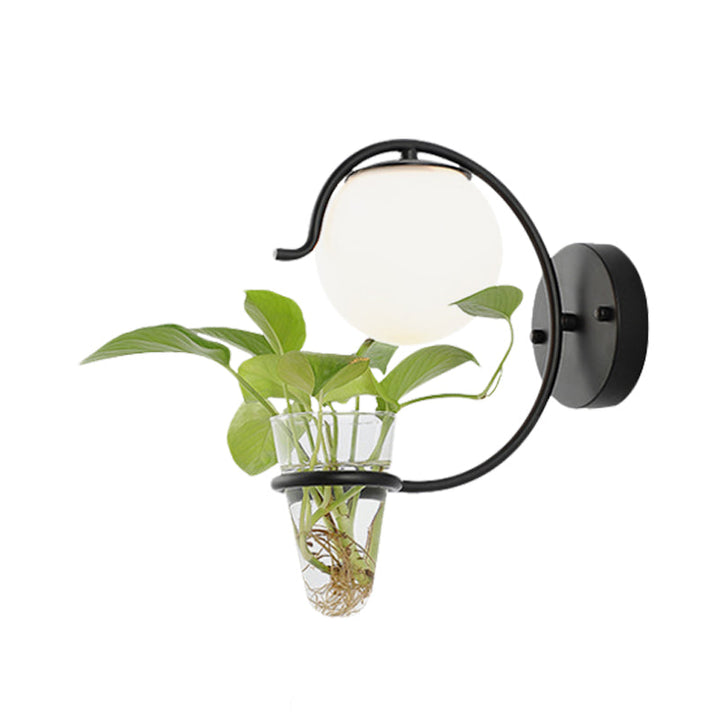 Lisslune | Cream/Smoke Gray Glass Orb Wall Lamp Vintage 1-Light Bedroom Wall Lamp in Black/Gold with C-Shaped Arm and Plant Pot