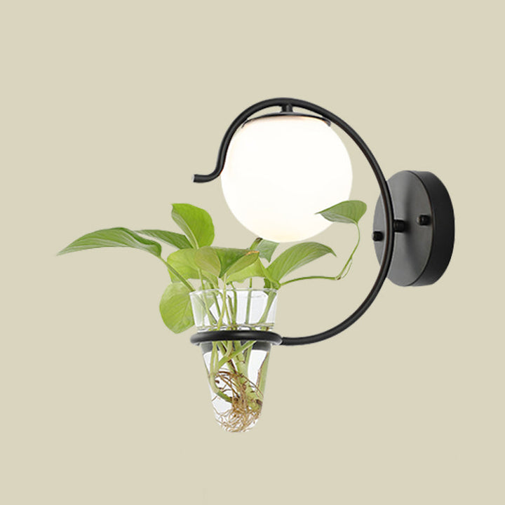 Lisslune | Cream/Smoke Gray Glass Orb Wall Lamp Vintage 1-Light Bedroom Wall Lamp in Black/Gold with C-Shaped Arm and Plant Pot