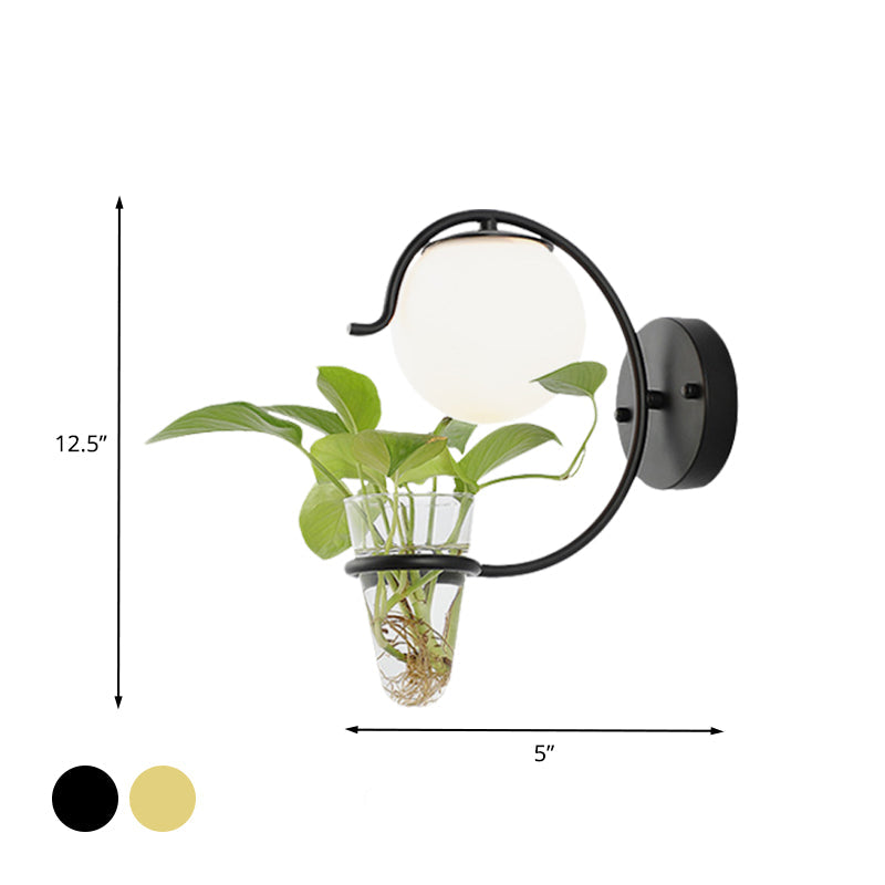 Lisslune | Cream/Smoke Gray Glass Orb Wall Lamp Vintage 1-Light Bedroom Wall Lamp in Black/Gold with C-Shaped Arm and Plant Pot