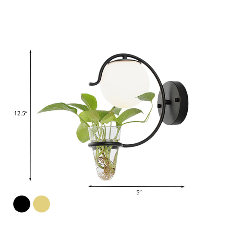 Lisslune | Cream/Smoke Gray Glass Orb Wall Lamp Vintage 1-Light Bedroom Wall Lamp in Black/Gold with C-Shaped Arm and Plant Pot