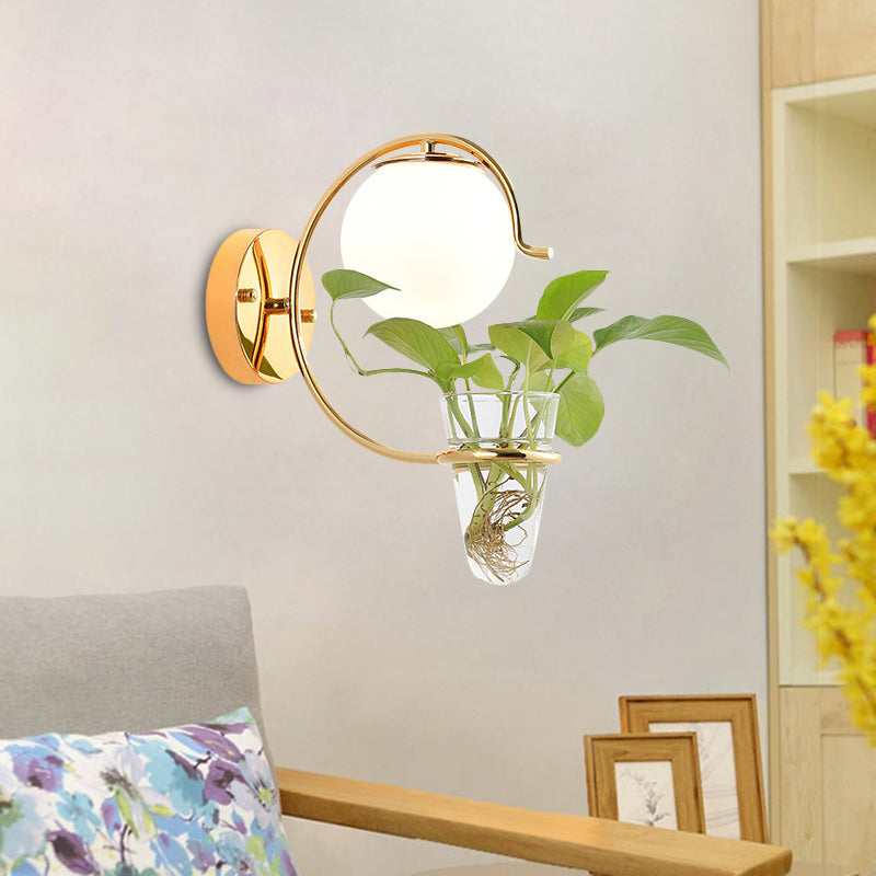 Lisslune | Cream/Smoke Gray Glass Orb Wall Lamp Vintage 1-Light Bedroom Wall Lamp in Black/Gold with C-Shaped Arm and Plant Pot