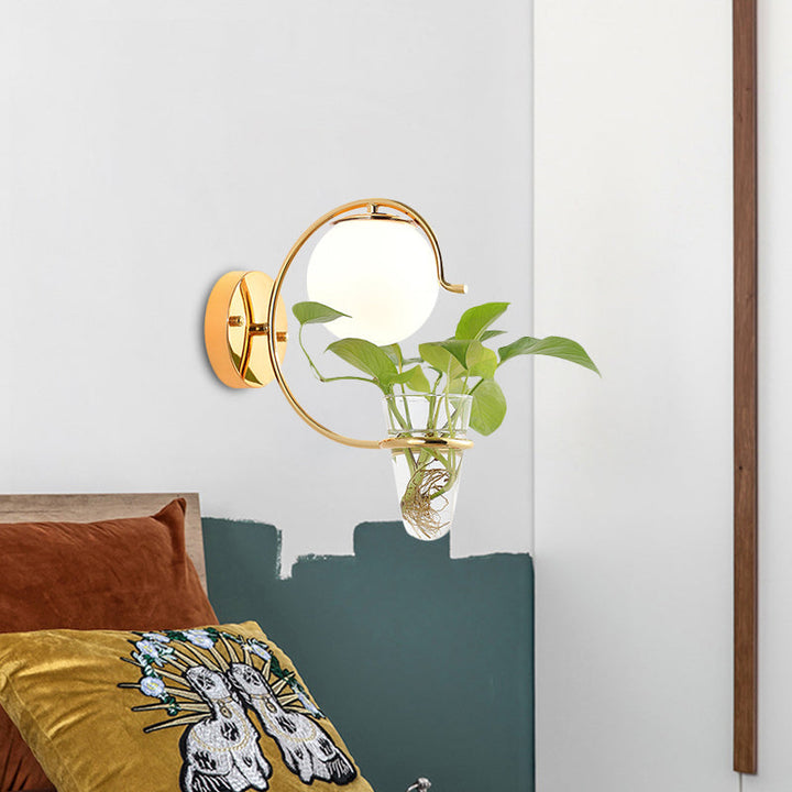 Lisslune | Cream/Smoke Gray Glass Orb Wall Lamp Vintage 1-Light Bedroom Wall Lamp in Black/Gold with C-Shaped Arm and Plant Pot