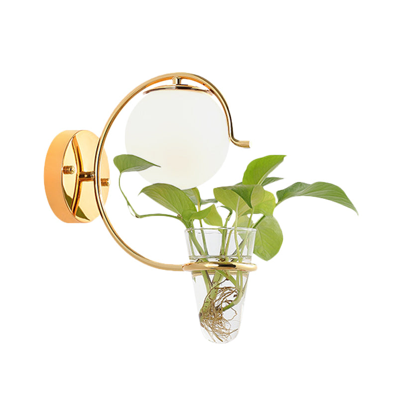 Lisslune | Cream/Smoke Gray Glass Orb Wall Lamp Vintage 1-Light Bedroom Wall Lamp in Black/Gold with C-Shaped Arm and Plant Pot
