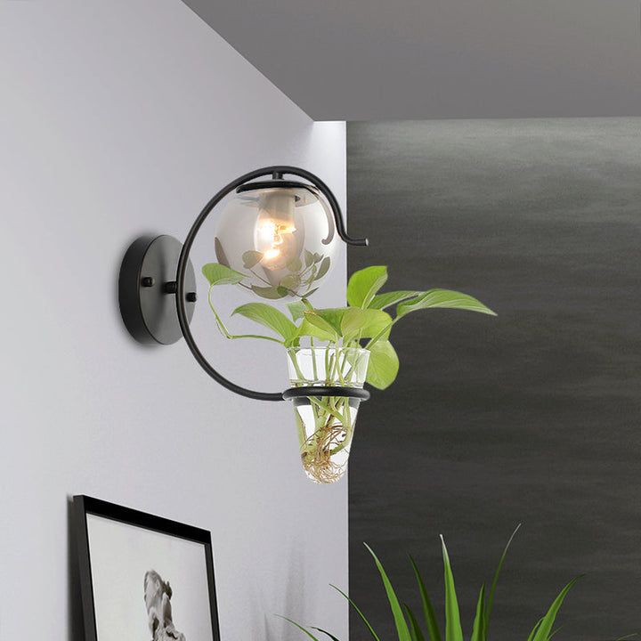 Lisslune | Cream/Smoke Gray Glass Orb Wall Lamp Vintage 1-Light Bedroom Wall Lamp in Black/Gold with C-Shaped Arm and Plant Pot