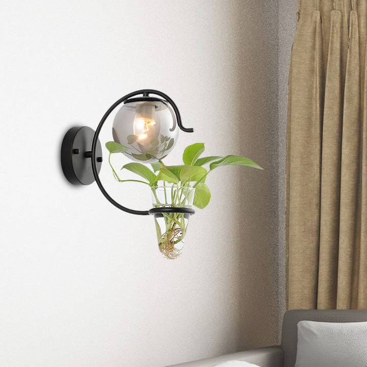 Lisslune | Cream/Smoke Gray Glass Orb Wall Lamp Vintage 1-Light Bedroom Wall Lamp in Black/Gold with C-Shaped Arm and Plant Pot