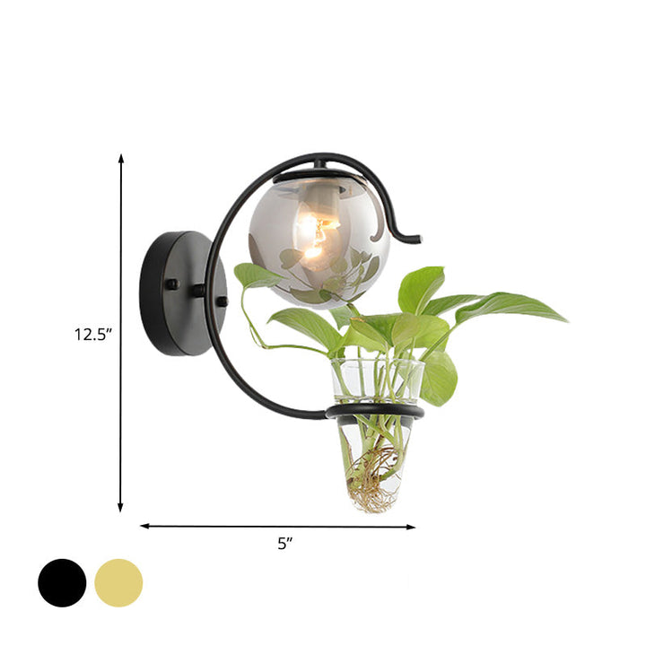 Lisslune | Cream/Smoke Gray Glass Orb Wall Lamp Vintage 1-Light Bedroom Wall Lamp in Black/Gold with C-Shaped Arm and Plant Pot