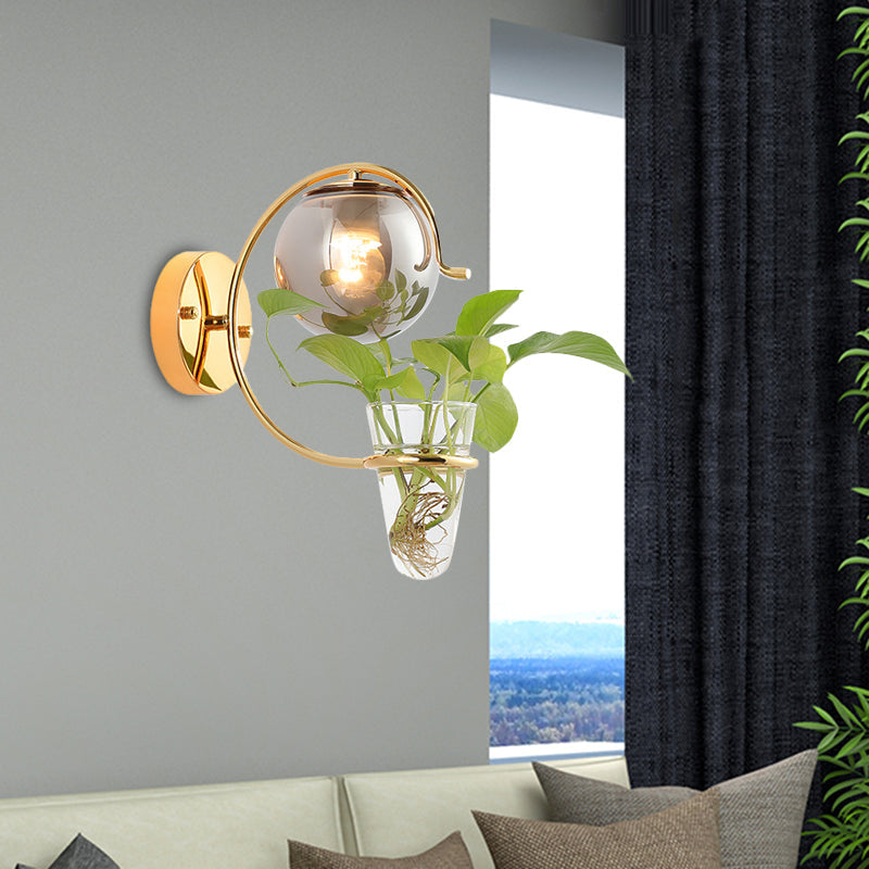 Lisslune | Cream/Smoke Gray Glass Orb Wall Lamp Vintage 1-Light Bedroom Wall Lamp in Black/Gold with C-Shaped Arm and Plant Pot