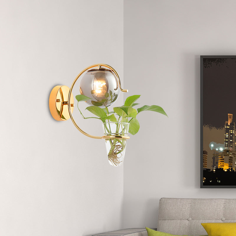 Lisslune | Cream/Smoke Gray Glass Orb Wall Lamp Vintage 1-Light Bedroom Wall Lamp in Black/Gold with C-Shaped Arm and Plant Pot
