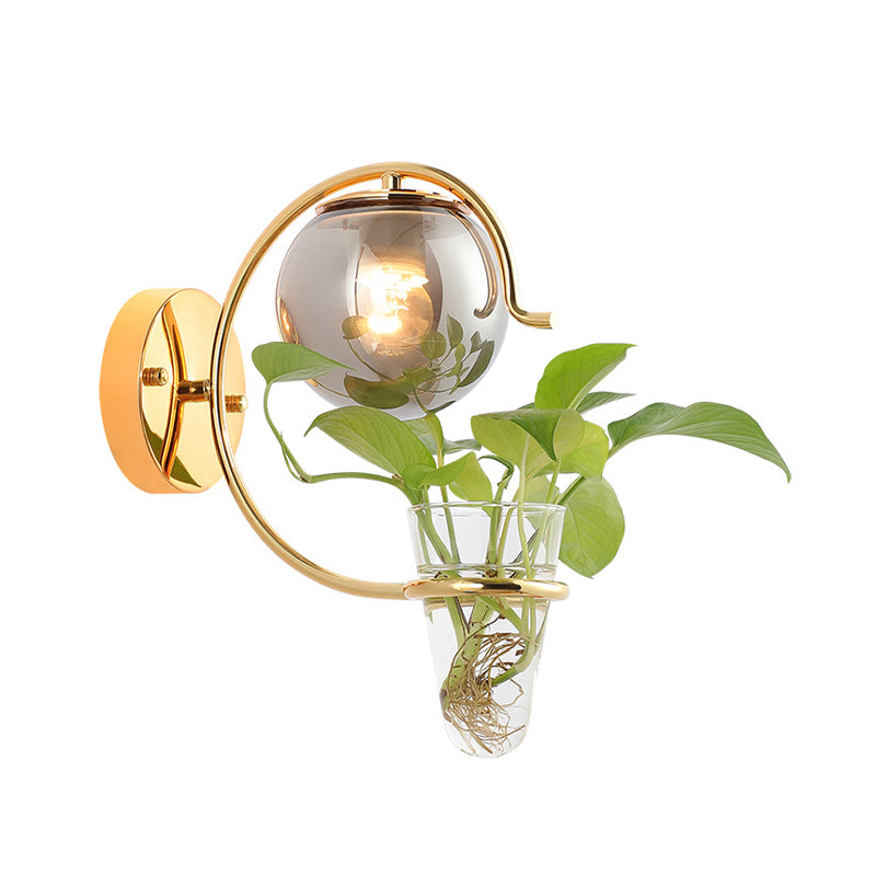 Lisslune | Cream/Smoke Gray Glass Orb Wall Lamp Vintage 1-Light Bedroom Wall Lamp in Black/Gold with C-Shaped Arm and Plant Pot
