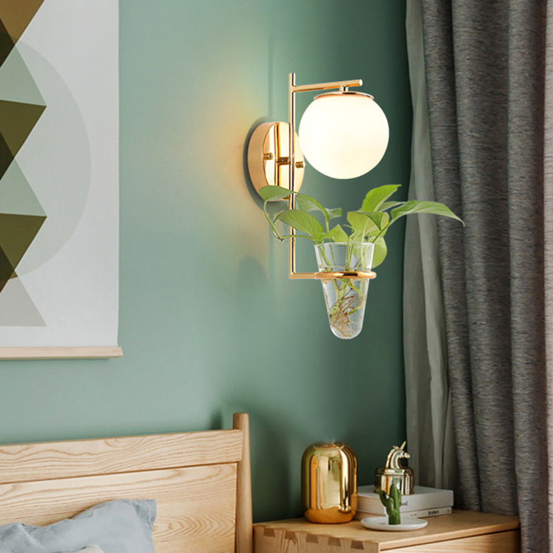 Lisslune | Gold/Black Globe Wall Light Antique Cream/Smoke Grey Glass 1-Head Bedroom Wall Lamp with Clear Glass Plant Cup