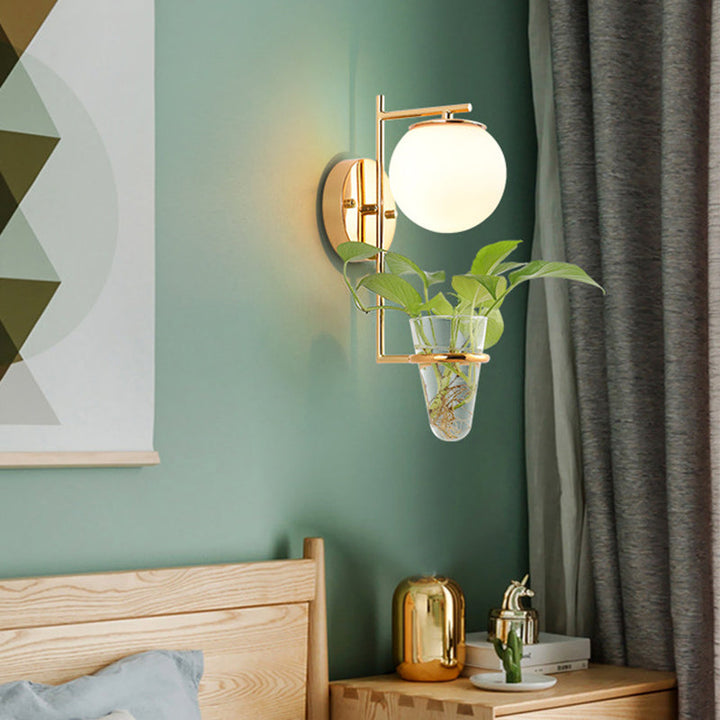Lisslune | Gold/Black Globe Wall Light Antique Cream/Smoke Grey Glass 1-Head Bedroom Wall Lamp with Clear Glass Plant Cup