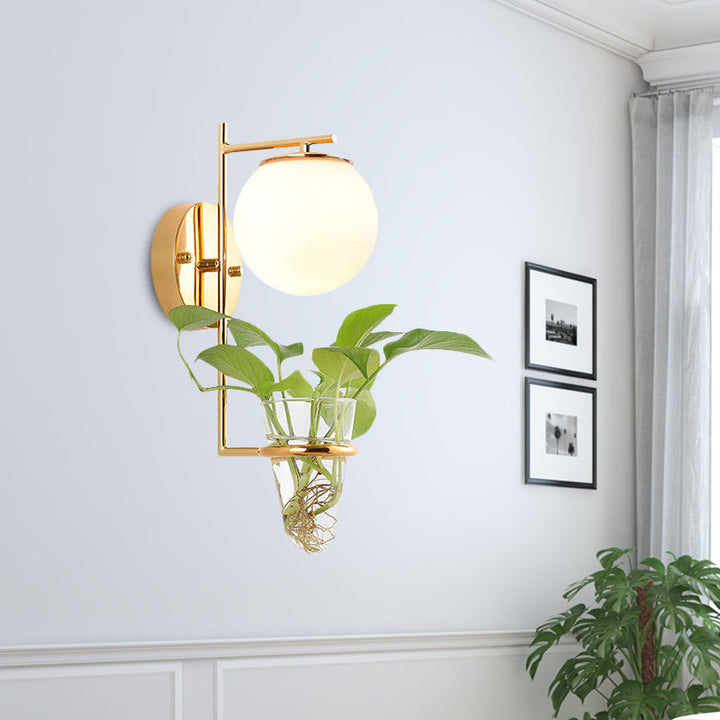Lisslune | Gold/Black Globe Wall Light Antique Cream/Smoke Grey Glass 1-Head Bedroom Wall Lamp with Clear Glass Plant Cup