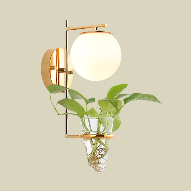 Lisslune | Gold/Black Globe Wall Light Antique Cream/Smoke Grey Glass 1-Head Bedroom Wall Lamp with Clear Glass Plant Cup
