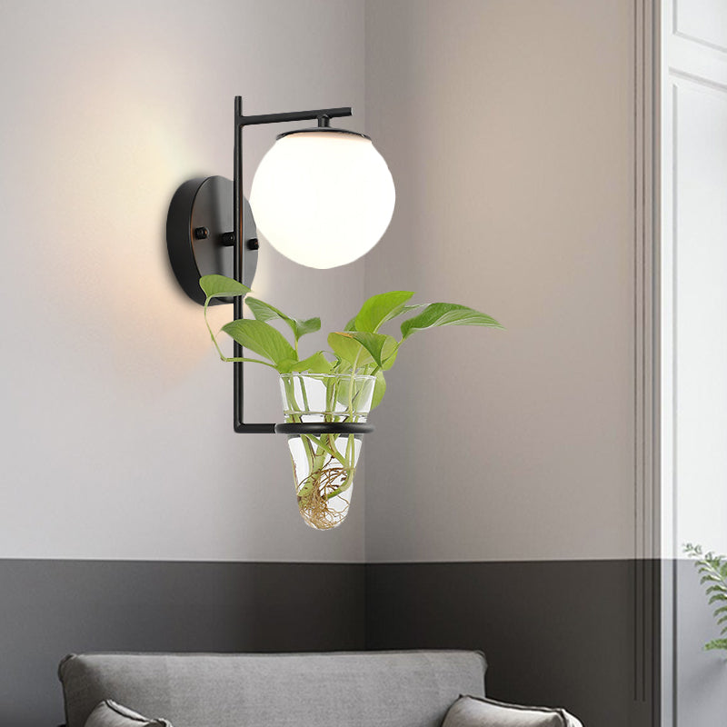 Lisslune | Gold/Black Globe Wall Light Antique Cream/Smoke Grey Glass 1-Head Bedroom Wall Lamp with Clear Glass Plant Cup