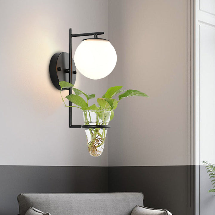 Lisslune | Gold/Black Globe Wall Light Antique Cream/Smoke Grey Glass 1-Head Bedroom Wall Lamp with Clear Glass Plant Cup