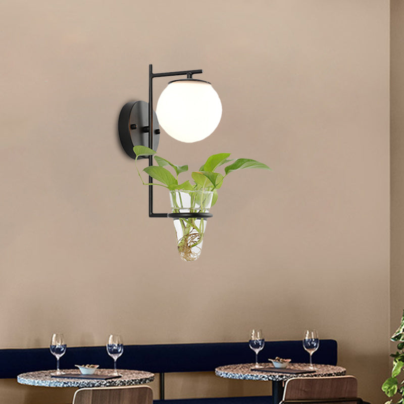 Lisslune | Gold/Black Globe Wall Light Antique Cream/Smoke Grey Glass 1-Head Bedroom Wall Lamp with Clear Glass Plant Cup