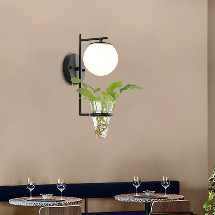 Lisslune | Gold/Black Globe Wall Light Antique Cream/Smoke Grey Glass 1-Head Bedroom Wall Lamp with Clear Glass Plant Cup