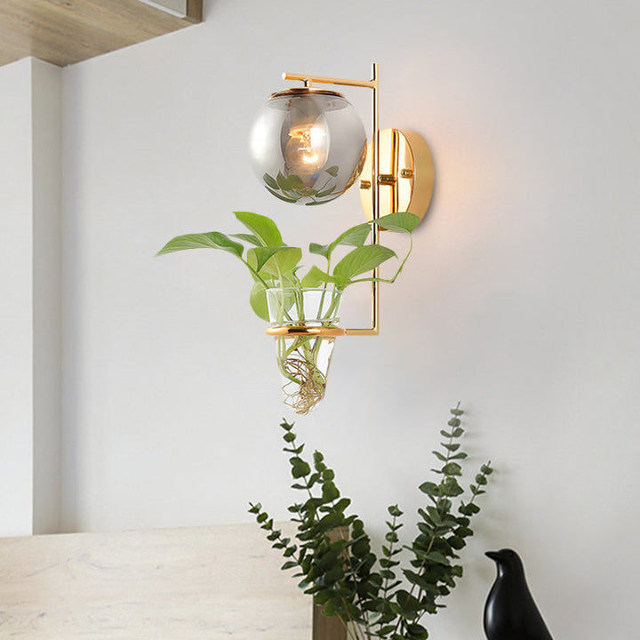 Lisslune | Gold/Black Globe Wall Light Antique Cream/Smoke Grey Glass 1-Head Bedroom Wall Lamp with Clear Glass Plant Cup