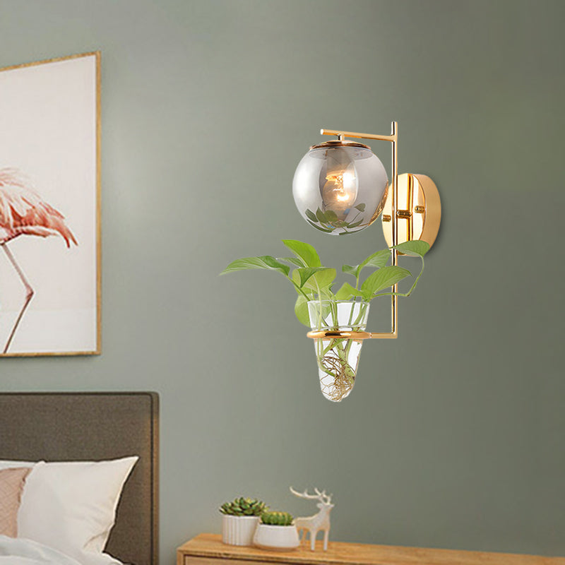 Lisslune | Gold/Black Globe Wall Light Antique Cream/Smoke Grey Glass 1-Head Bedroom Wall Lamp with Clear Glass Plant Cup