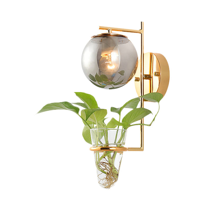 Lisslune | Gold/Black Globe Wall Light Antique Cream/Smoke Grey Glass 1-Head Bedroom Wall Lamp with Clear Glass Plant Cup