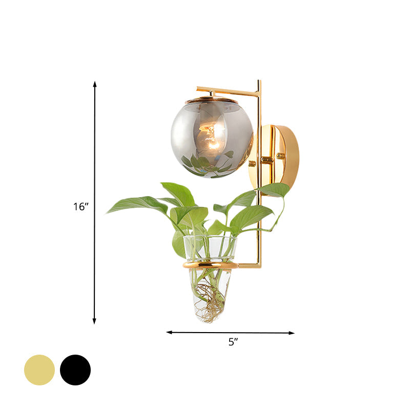 Lisslune | Gold/Black Globe Wall Light Antique Cream/Smoke Grey Glass 1-Head Bedroom Wall Lamp with Clear Glass Plant Cup