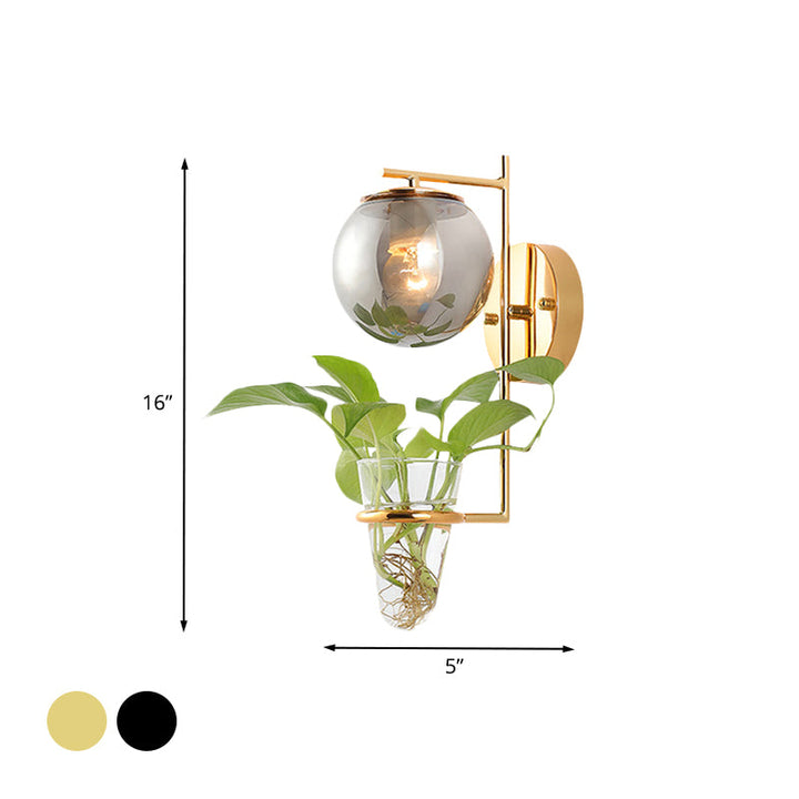 Lisslune | Gold/Black Globe Wall Light Antique Cream/Smoke Grey Glass 1-Head Bedroom Wall Lamp with Clear Glass Plant Cup