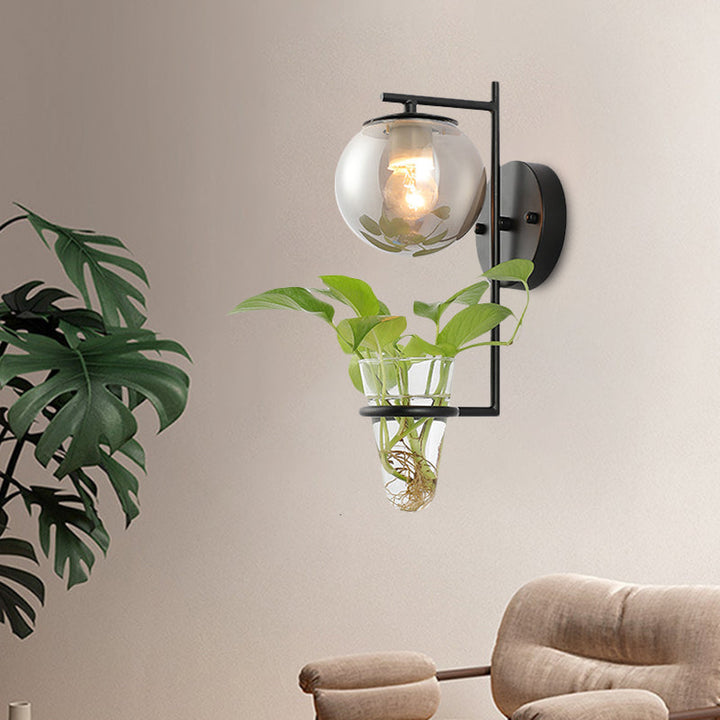 Lisslune | Gold/Black Globe Wall Light Antique Cream/Smoke Grey Glass 1-Head Bedroom Wall Lamp with Clear Glass Plant Cup