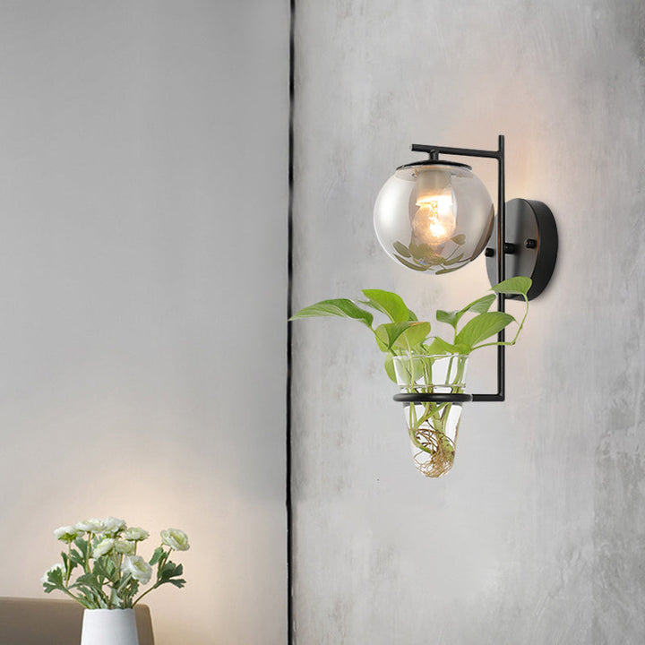 Lisslune | Gold/Black Globe Wall Light Antique Cream/Smoke Grey Glass 1-Head Bedroom Wall Lamp with Clear Glass Plant Cup