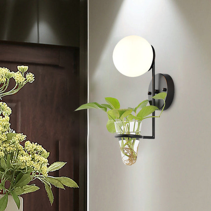 Lisslune | 1 Bulb Wall Lamp Industrial Global Cream/Smoke Grey Glass Wall Light in Black/Gold with Clear Glass Plant Cup
