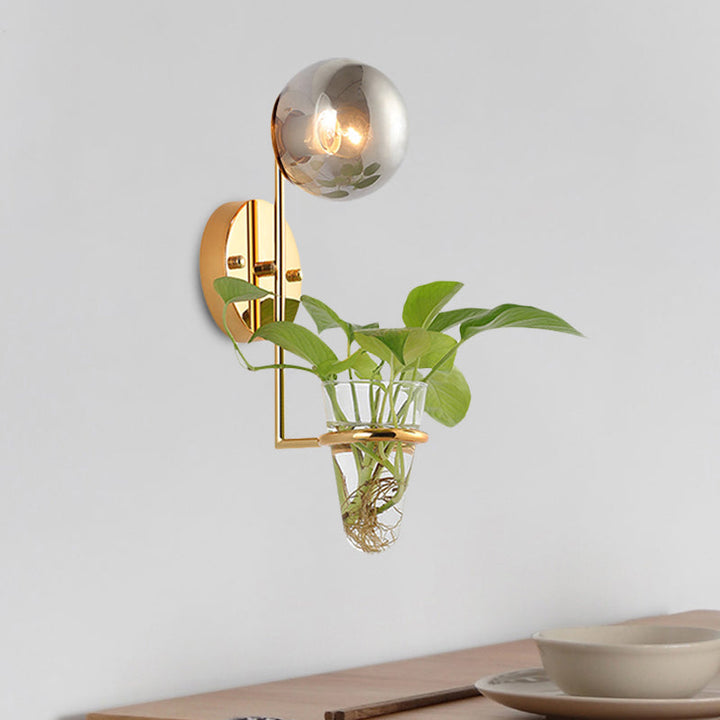 Lisslune | 1 Bulb Wall Lamp Industrial Global Cream/Smoke Grey Glass Wall Light in Black/Gold with Clear Glass Plant Cup