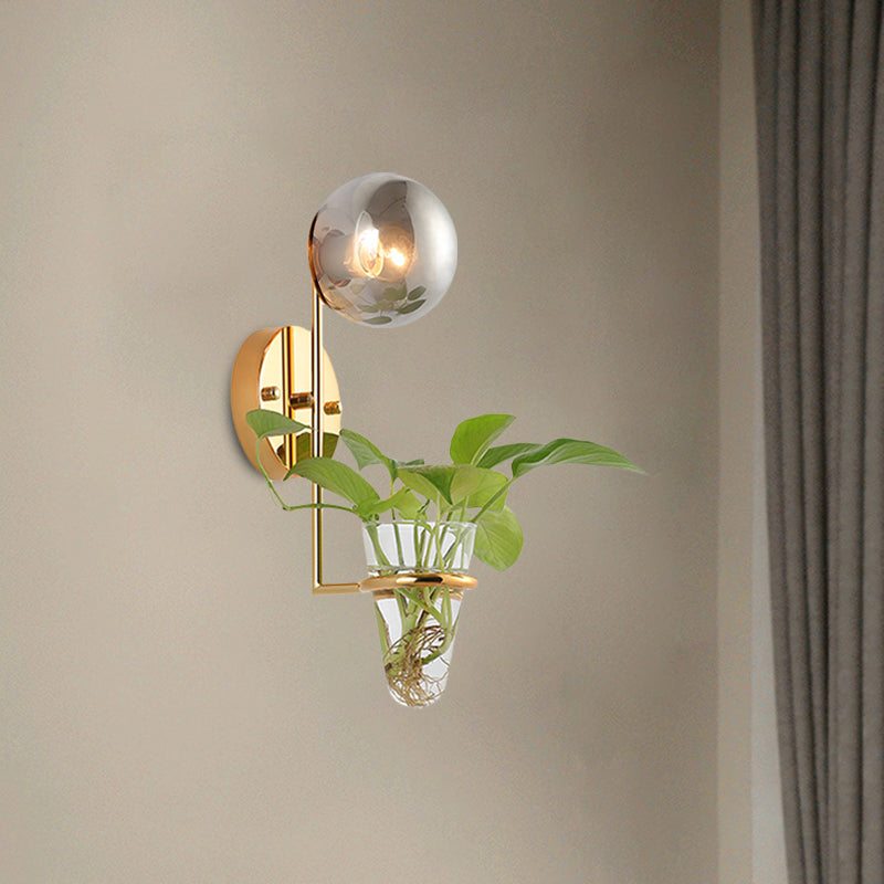 Lisslune | 1 Bulb Wall Lamp Industrial Global Cream/Smoke Grey Glass Wall Light in Black/Gold with Clear Glass Plant Cup