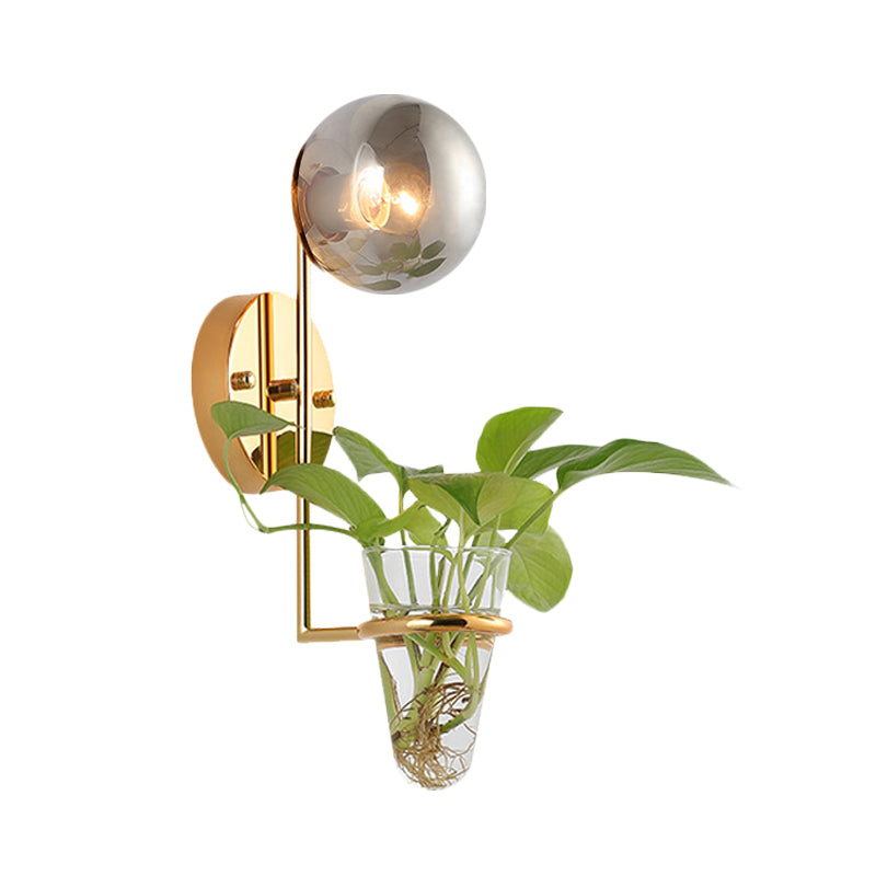 Lisslune | 1 Bulb Wall Lamp Industrial Global Cream/Smoke Grey Glass Wall Light in Black/Gold with Clear Glass Plant Cup