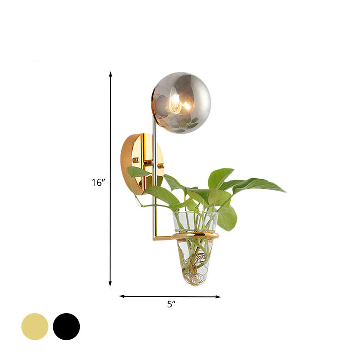 Lisslune | 1 Bulb Wall Lamp Industrial Global Cream/Smoke Grey Glass Wall Light in Black/Gold with Clear Glass Plant Cup