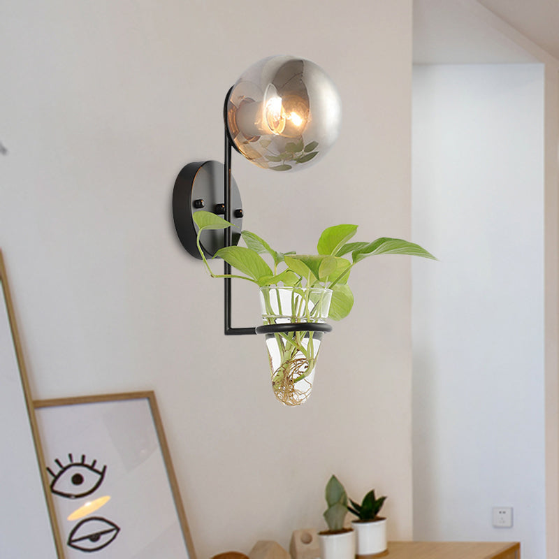 Lisslune | 1 Bulb Wall Lamp Industrial Global Cream/Smoke Grey Glass Wall Light in Black/Gold with Clear Glass Plant Cup
