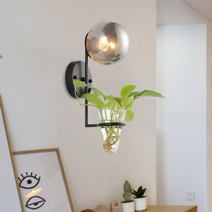 Lisslune | 1 Bulb Wall Lamp Industrial Global Cream/Smoke Grey Glass Wall Light in Black/Gold with Clear Glass Plant Cup