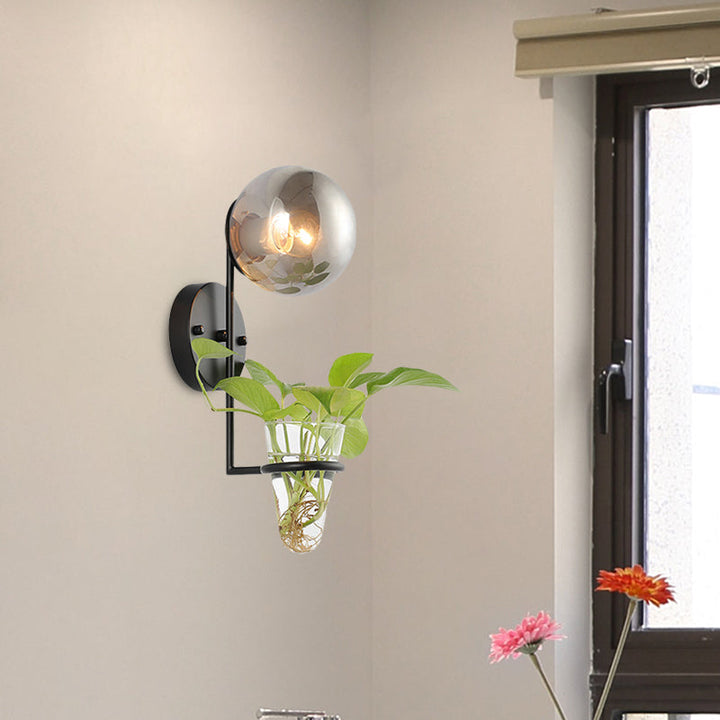 Lisslune | 1 Bulb Wall Lamp Industrial Global Cream/Smoke Grey Glass Wall Light in Black/Gold with Clear Glass Plant Cup